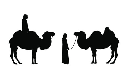 Arabian man sheikh standing and riding camel vector silhouette illustration isolated on white background. Arab sheikh in traditional clothes illustration. Desert caravan rest.