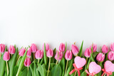 Fototapeta Tulipany - spring flat lay with tulips on white