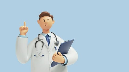 Wall Mural - 3d animation. Doctor cartoon character with stethoscope and clipboard, looks at camera and gives advice, isolated on blue background. Professional consultation and recommendation