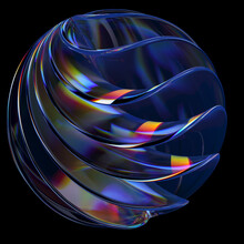 Futuristic 3d Rendering Abstract Ball, Color Gradient Spherical Glass Orb On Black, Modern Graphic Design Element
