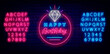 Happy Birthday neon signboard with diamond. Blue and pink alphabet. Shiny greeting card. Vector stock illustration