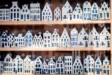 Shop Window With 3 Rows Of Blue Delftware Porcelain Of Dutch Style Houses