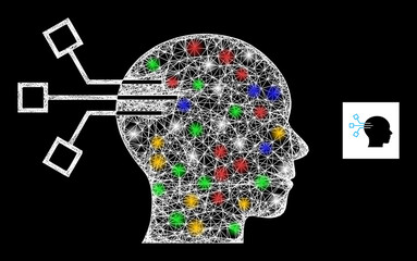 Bright crossing mesh brain link with multicolored bright dots. Illuminated vector mesh created from brain link icon. Sparkle frame wired brain link, on a black backgound.