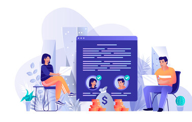 Wall Mural - electronic contract concept in flat design. conclusion of cooperation agreement document scene templ