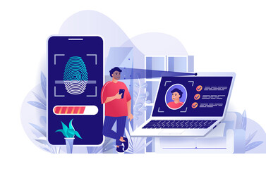 Fototapete - Biometric access control concept in flat design. User identification by face recognition and fingerprint scene template. Man access to his account. Illustration of people characters activities