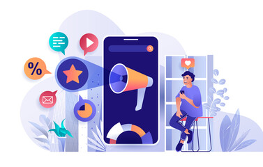 Aufkleber - Mobile marketing concept in flat design. Promoting products or services scene template. Man makes advertising campaign, attracting new customers. Illustration of people characters activities