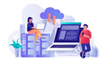 © alexdndz - Hosting provider concept in flat design. Engineers working at server racks room scene template. Placement of website for business, tech support. Illustration of people characters activities