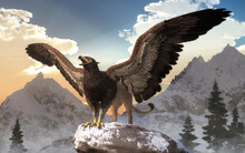 A Mighty Griffin, A Beast Of Mythology And Legend, Half Eagle, Half Lion, Perches High Among Snow Capped Mountains. Wings Spread, This Fantasy Creature Cries Into The Wind. 3D Rendering