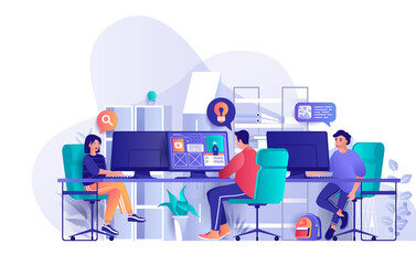 Fototapete - Designers agency concept in flat design. Creative team working together in office scene template. Website layout development, usability, ui design. Illustration of people characters activities