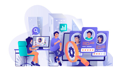 Wall Mural - hr process concept in flat design. search for open vacancy candidate scene template. recruiting mana