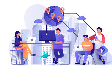 Wall Mural - outsourcing company concept in flat design. remote workers work together on project scene template. 