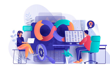 Wall Mural - devops concept in flat design. development operations scene template. team of programmer working at 