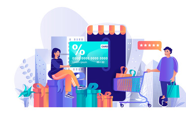 Shop loyalty program concept in flat design. Gifts, discounts and bonuses for regular customers scene template. Man and woman shopping online. Illustration of people characters activities