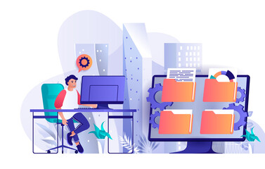 Fototapete - Cyberspace management concept in flat design. Operations, organization and control system scene template. File folders, security and remote access. Illustration of people characters activities