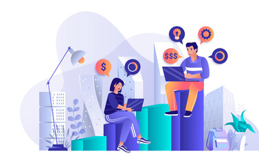 Wall Mural - Career opportunities concept in flat design. Search of available high-wage jobs scene template. Man and woman work, successful business, freelance. Illustration of people characters activities
