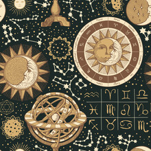 Beautiful Seamless Pattern In Vintage Style With Sun, Moon, Stars, Constellations And Astrological Signs On A Black Backdrop. Hand-drawn Vector Background On The Theme Of Horoscopes And Zodiacs
