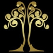 © Olena - Symmetrical floral design. Stylized tree with swirl branches and fruits. Golden glossy silhouette on black background.