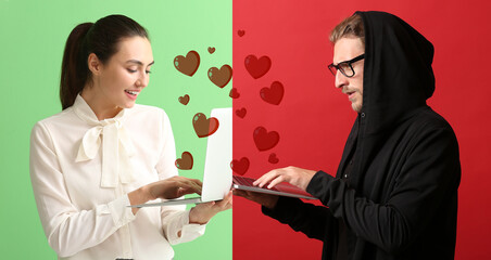 Poster - Young couple using laptops for online date on color background