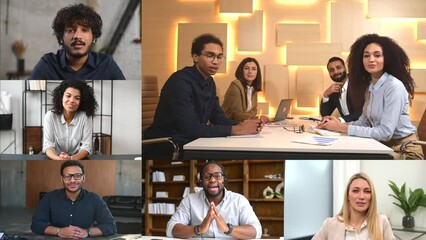 Online conference, video chat of diverse people. Video screen with a group of multiracial employees, brainstorm online, crowded screensaver of many people talking online, taking a part in webinar