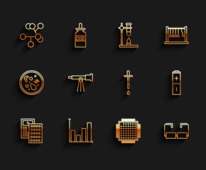 Canvas Print - Set line Pills in blister pack, Pie chart infographic, Molecule, Processor, Glasses, Telescope, Battery and Pipette icon. Vector