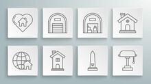 Set Line Globe With House Symbol, Warehouse, Home, Washington Monument, Table Lamp, House And Heart Shape Icon. Vector