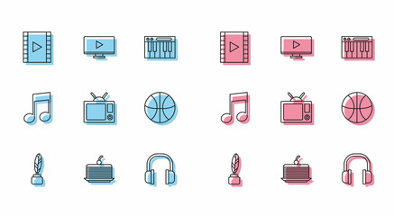 Poster - Set line Feather and inkwell, Cake, Play Video, Headphones, Television, Basketball ball, Music note, tone and Online play video icon. Vector