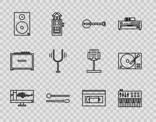 Canvas Print - Set line Sound or audio recorder on monitor, Music synthesizer, Banjo, Drum sticks, Stereo speaker, Musical tuning fork, VHS video cassette tape and Vinyl player with vinyl disk icon. Vector