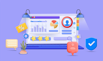 Fototapete - On the laptop screen there are floating charts, a search and rating bar, a protection icon, messages and discounts.  SEO optimization web analytics and marketing social media. 3D Vector Illustrations.