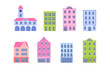 Set of modern city buildings. Large collection of old town buildings. Flat vector illustration. Old city house facades.