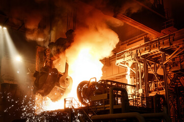 Liquid steel is poured from a metallurgical ladle