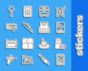 Sticker - Set line Card game, Burger, Crossword, Antique treasure chest, Fountain pen nib, Certificate template, Magnifying glass and Waistcoat icon. Vector