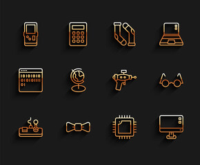 Canvas Print - Set line Gamepad, Bow tie, Tetris, Processor with CPU, Computer monitor screen, Earth globe, Eyeglasses and Ray gun icon. Vector