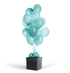 Sticker - Beautiful gift box and bunch of light blue balloons on white background