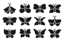 Butterfly Exotic Silhouette Stamp Set For Scrapbook. Stencil Butterflies Sign Shape Moths Doodle Collection. Symbol Stylized Tropical Insect Wings. Wildlife Childrens Design Issue Brand Vector