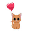 Kot i balon w kształcie serca. Ręcznie rysowany uroczy mały rudy kotek. Wektorowa ilustracja zadowolonego, siedzącego kota. Słodki, romantyczny zwierzak. Kartka walentynkowa.