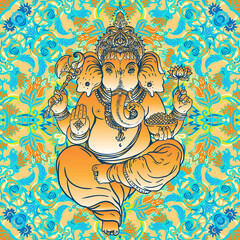 Wall Mural - Hindu Lord Ganesha over ornate colorful mandala. Vector illustration.