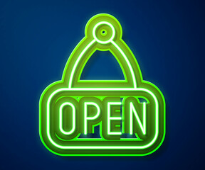 Poster - Glowing neon line Hanging sign with text Open door icon isolated on blue background. Vector