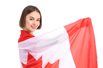 Sticker - Beautiful young woman with Canadian flag isolated on white