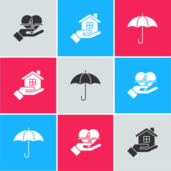 Sticker - Set Life insurance in hand, House and Umbrella icon. Vector