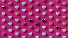 Multicolored Heart Background. Valentine Wallpaper With Pink, Orange And Gold Love Hearts. 3D Render 