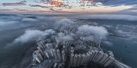 Wall Mural - Panorama aerial view of Hong Kong city from sky 