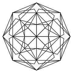 Geometric design in an octagon from predominantly square shapes in black outline against a white background, symettrical vector illustration