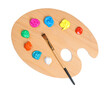 © New Africa - Palette with paints and brush on white background, top view. Artist equipment