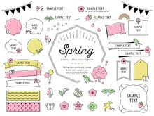 春のシンプルな線画イラストフレームセット / 桜、いちご、花、飾り、あしらい