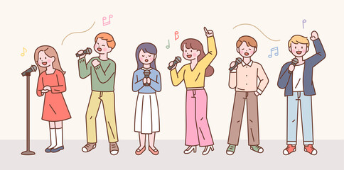 Wall Mural - People are holding microphones and singing on stage. flat design style vector illustration.
