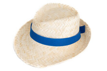 Straw Hat With Single Blue Ribbon Isolated On White Background