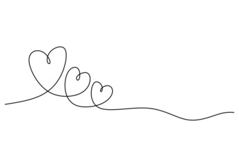 Continuous one single line of three heart love symbols isolated on white background.