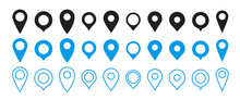 Location Pin Icon Collection. Black And Blue Map Pointer Vector Set Isolated On White Background