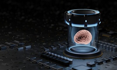 Wall Mural - 3d rendering of artificial intelligence hardware concept. human brain in scientific glass tube on co