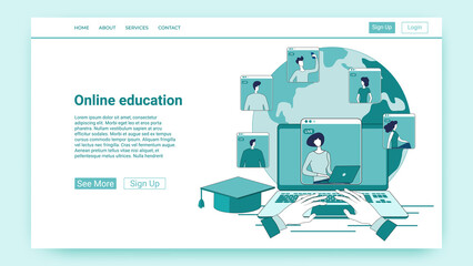 Online education.People on the background of the globe study and consult with teachers.An illustration in the style of a green landing page.